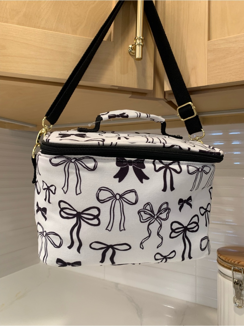 White Bow-Print Crossbody large lunch cooler bag or Cosmetic Bag